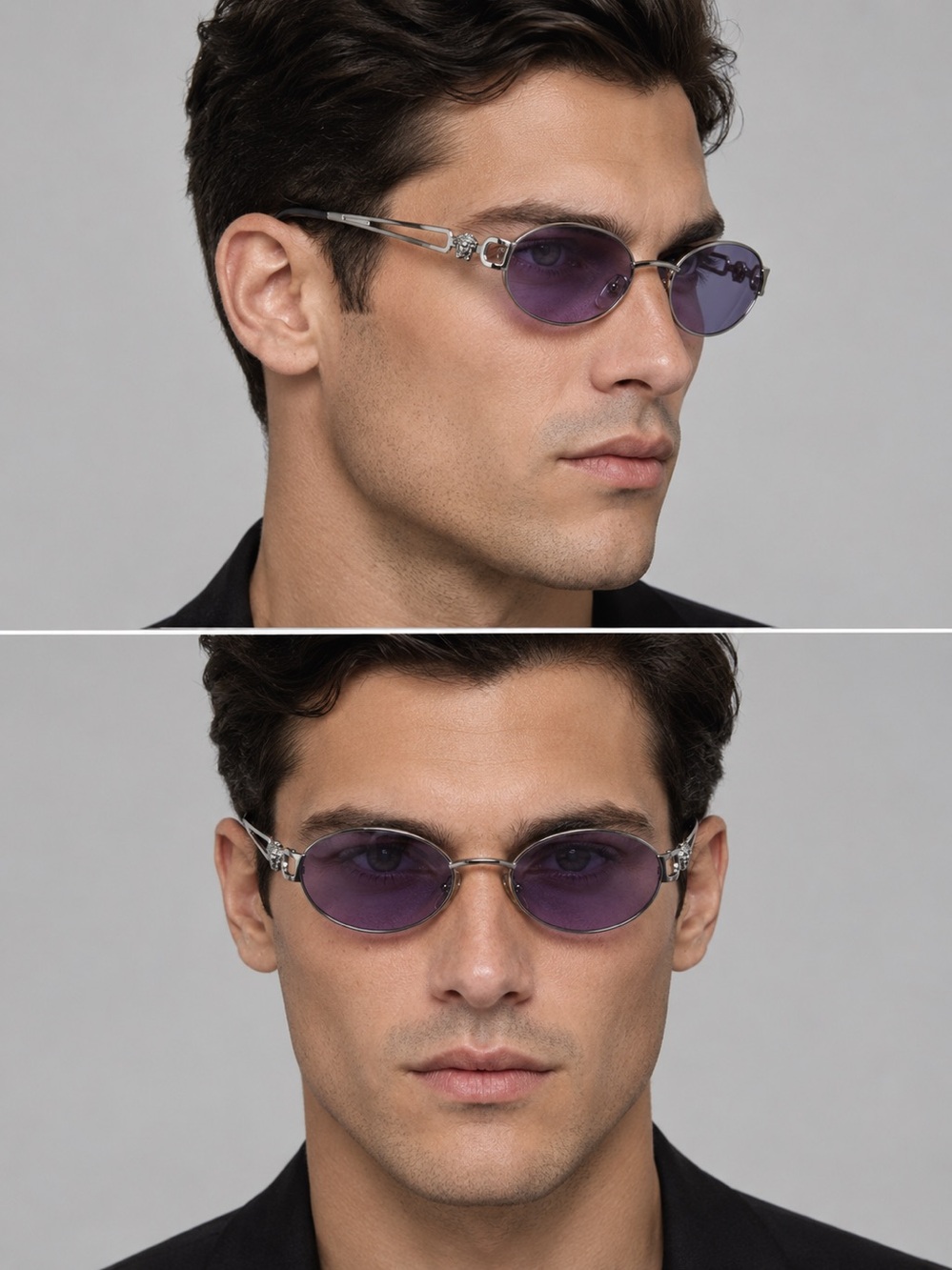 Vintage Gianni Versace H68 Medusa Sunglasses Silver Oval Purple Lens Deadstock